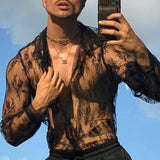 Bonsir Europe and The United States New Casual See-through Lace Top Fashion Slim Long-sleeved Sexy Shirt Men's Sexy Hollow Shirt