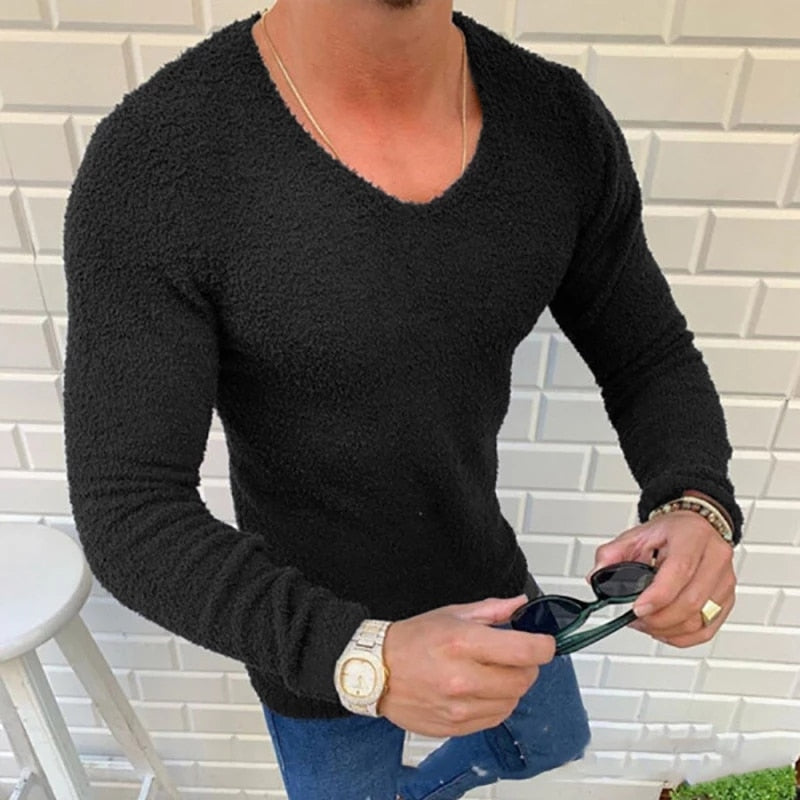 Bonsir Mens Casual V-Neck Solid Sweater Autumn Winter Fashion Knitted Pullover Tops For Men  Harajuku Long Sleeve Jumper Streetwear