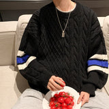 Bonsir Striped Patchwork Men's Round Neck Sweater Fashion Autumn Loose Knitted Pullovers New Korean Style Male Knitwear