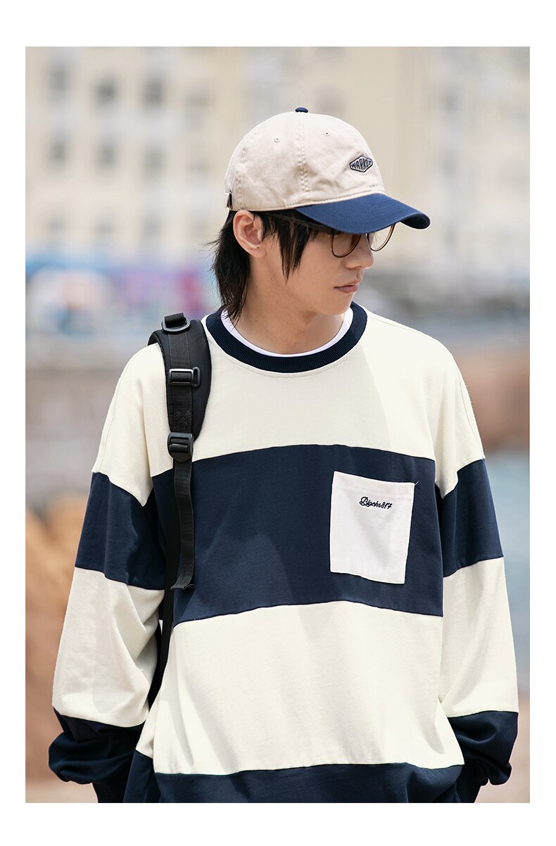 Bonsir Men Striped Hoodies Oversized Sweatshirt Harajuku Pullovers Neutral Korean Fashion Couples Matching Pocket Long Sleeve Tops