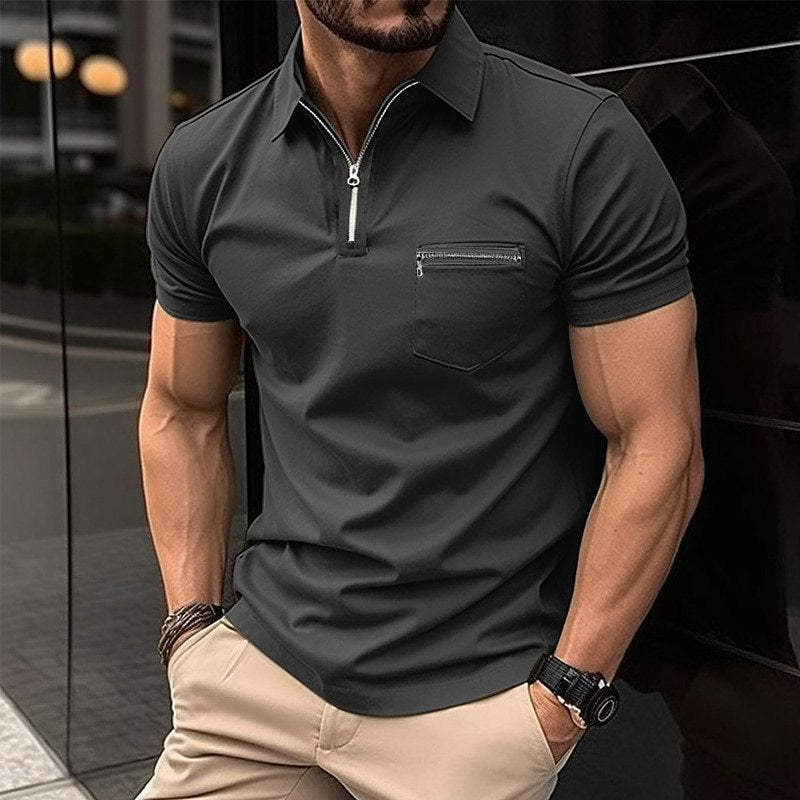 Bonsir Casual Slim Short Sleeve Lapel T-shirts Men Fashion Zipper Design Polo Shirt Summer Leisure Pure Color Slim Tops Mens Shirt