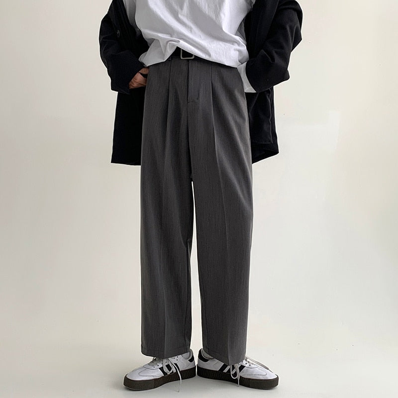 New Men Suit Pants Solid Full Baggy Casual Wide Leg Trousers Black