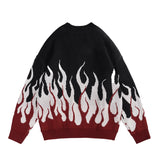 Bonsir Retro Flame Printed Contrast Color Pullover Autumn Sweaters for Men and Women Round Neck Patchwork Hip Hop Baggy Knitted Tops