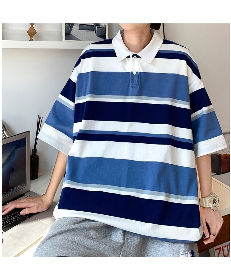 Bonsir Summer Men's Stripe Printing Short Sleeve T-shirt Lapel Collar Cotton Clothes Tshirts Blue/Apricot/yellow Cotton T Shirts