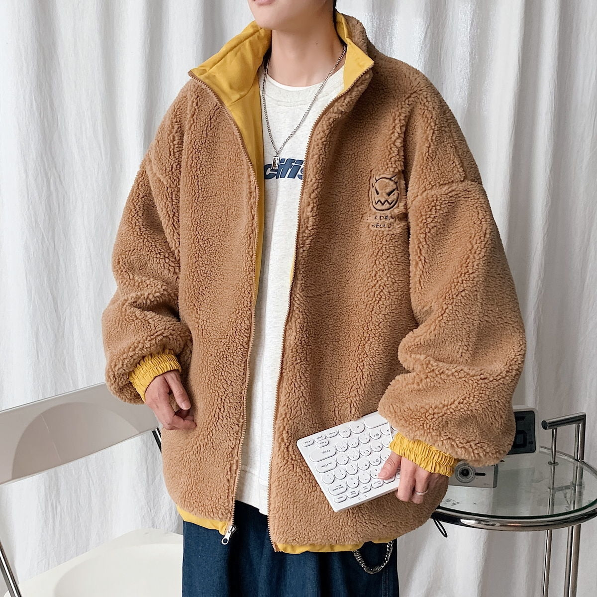 Bonsir Lamb Wool Reversible Men's Jackets Stand Collar Fashion Loose Winter Male Coats Cartoon Graphic Unisex Parkas