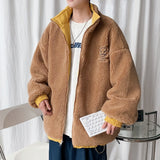 Bonsir Lamb Wool Reversible Men's Jackets Stand Collar Fashion Loose Winter Male Coats Cartoon Graphic Unisex Parkas