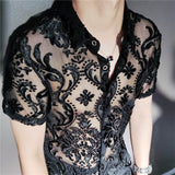 Bonsir High Quality Transparent Floral Shirt Black Soft Velvet Slim-fit Men's Clothing Nightclub Short-sleeved Sexy Shirt See Through