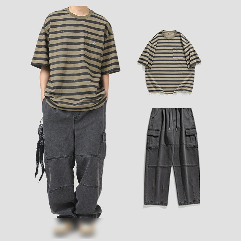 Bonsir Korean Style Men's Suit Retro Striped Pocket T-shirt Harajuku Street Straight Pants Japanese Double Pleated Jeans