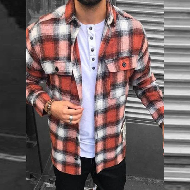 Bonsir Casual Long Sleeve Mens Jackets Button-up Turn-down Collar Cardigans Tops  Autumn Men Fashion Plaid Printed Coats Outerwear