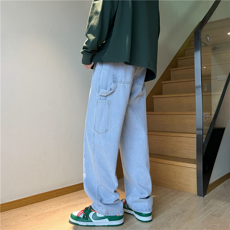 Bonsir Cargo Jeans Men's Baggy Wide Leg Denim Trousers Streetwear Spring Fashion Straight Elastic Waist Korean Stitching Hip-hop Pants