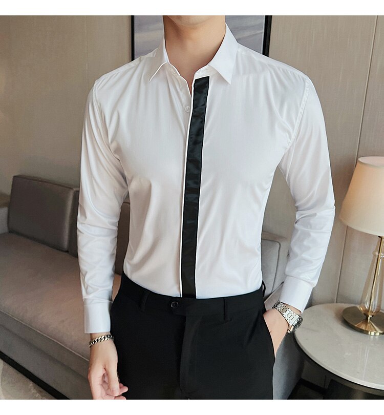 Bonsir Fashion Splicing Shirts Men Long Sleeve Slim Casual Shirt High Quality Business Dress Shirt Formal Social Party Tuxedo Blouse