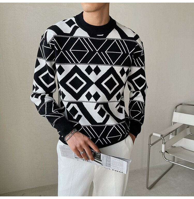 Bonsir  Korean Style Fashion Diamond Printing Sweater Mens Pullover Sweater Pull Homme Autumn Sweater For Men Knitted Round Neck Sweater