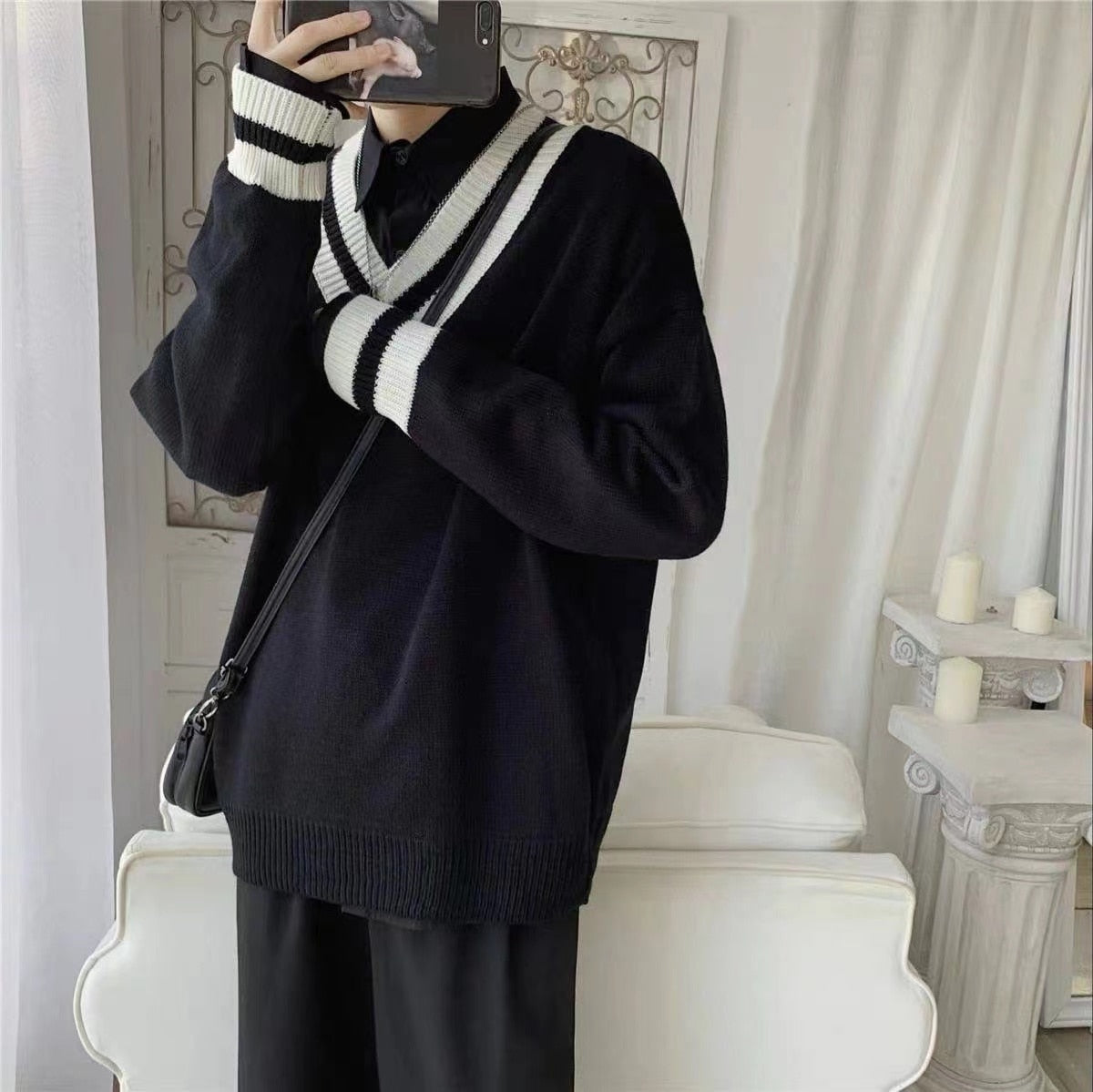 Bonsir Couple's Clothes Autumn Men's Wool Sweater Loose Coats Student Black Color Pullover V-neck Cardigan Cashmere Knitting