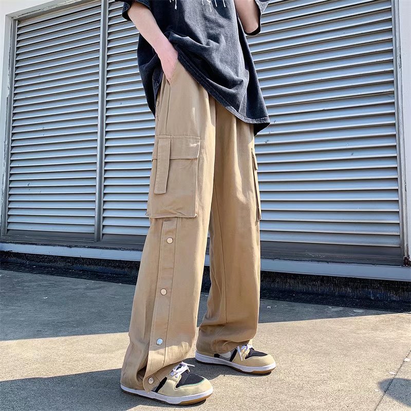 Bonsir  New Men Cotton Cargo Pants Harajuku Style Straight Casual Pants for Men  Solid Big Pockets Loose Wide Leg Design Trousers