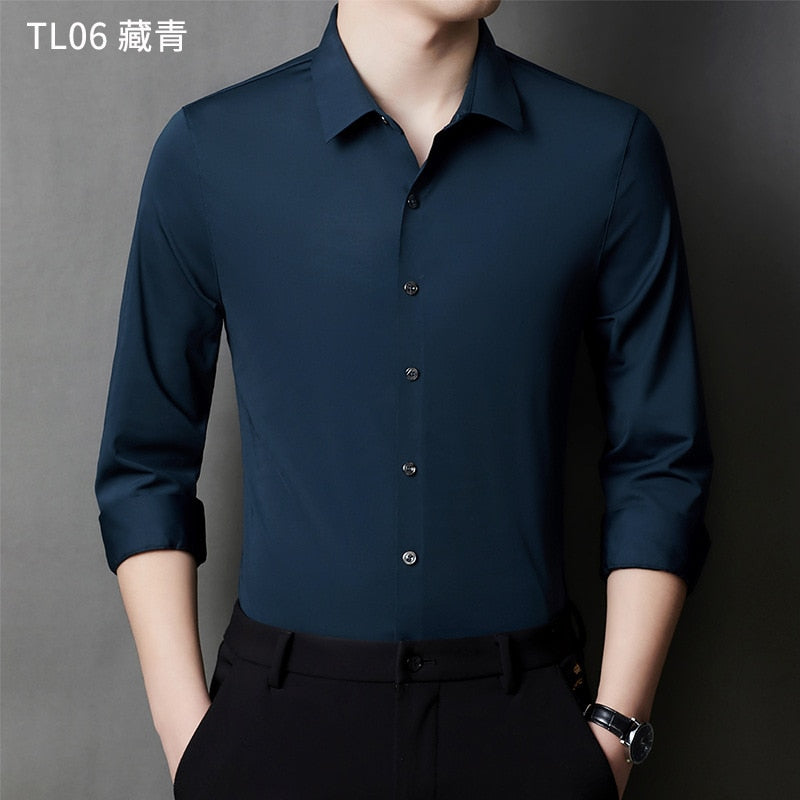 Bonsir New Bamboo Fiber Shirt Men's Long Sleeve  Elastic Seamless Shirt Autumn and Winter Business Casual No Iron Fitted Shirt