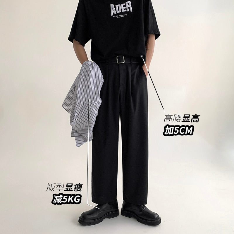 Korean Belt Suit Pants Men Fashion Solid Color Casual Dress Pants