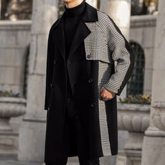 Bonsir Double Sided Cashmere Coat Men's Thousand Bird Lattice Stitched Winter Coat Medium Long Men's Wool Woolen Cloth Thickened Trench