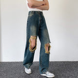 Bonsir Summer Men's Worn Out Jeans Vintage Distressed Hole Wide Leg Denim Straight Pants Korean Personality Casual Srteet