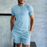 Bonsir Spring Summer Solid Color Casual Ribbed Two Piece Set Men Fashion Short Sleeve O Neck T-shirt And Shorts Suits Mens Clothes