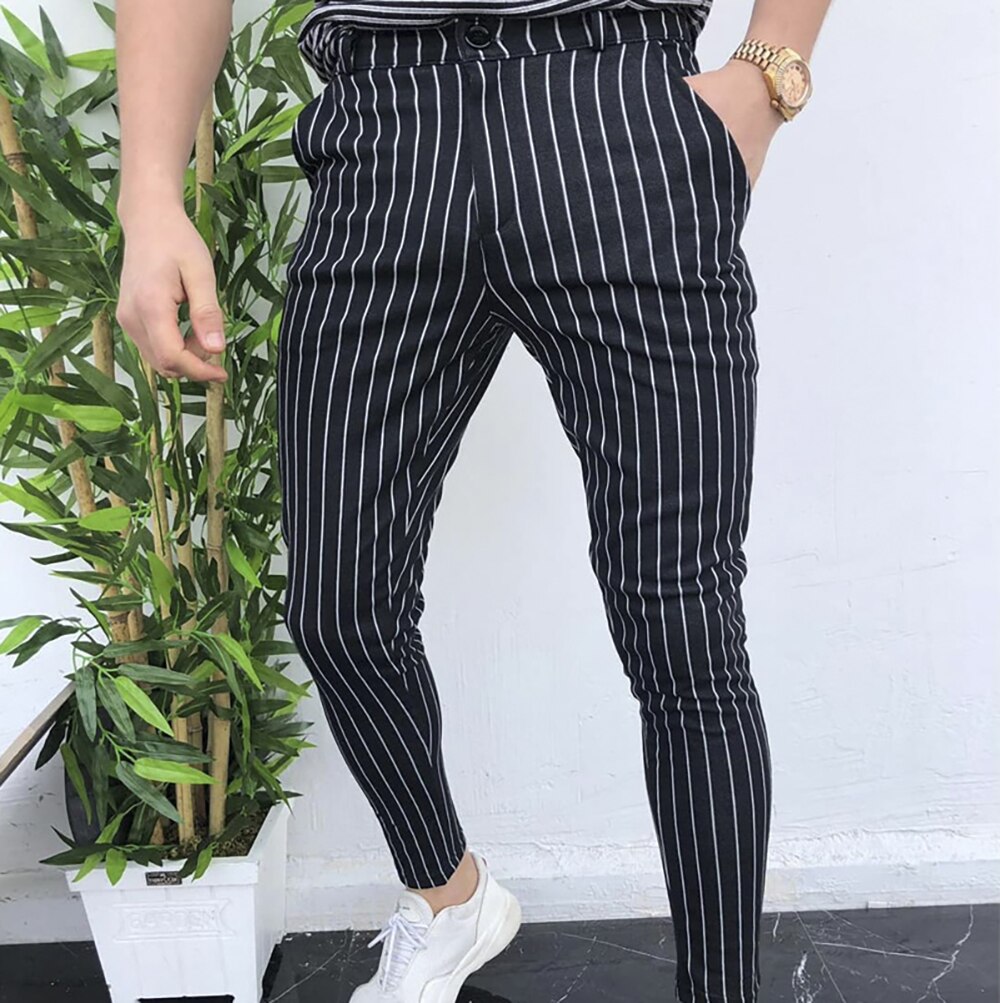 Bonsir Autumn New Men's Business All-Match Work Pants Striped Men's Tight Casual Trousers Iron-Free Commuter Pencil Pants