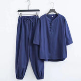 Bonsir Spring Summer New Men's Fashion Casual Solid  Short Sleeve T-Shirt Pant Suit Men High-Quality Cotton And Linen Two-Piece Set 5XL