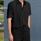 Bonsir Double Pocket Male Casual Shirts Men's Vintage Lapel Solid Color Short Sleeve Outwear Korean Fashion Spring New
