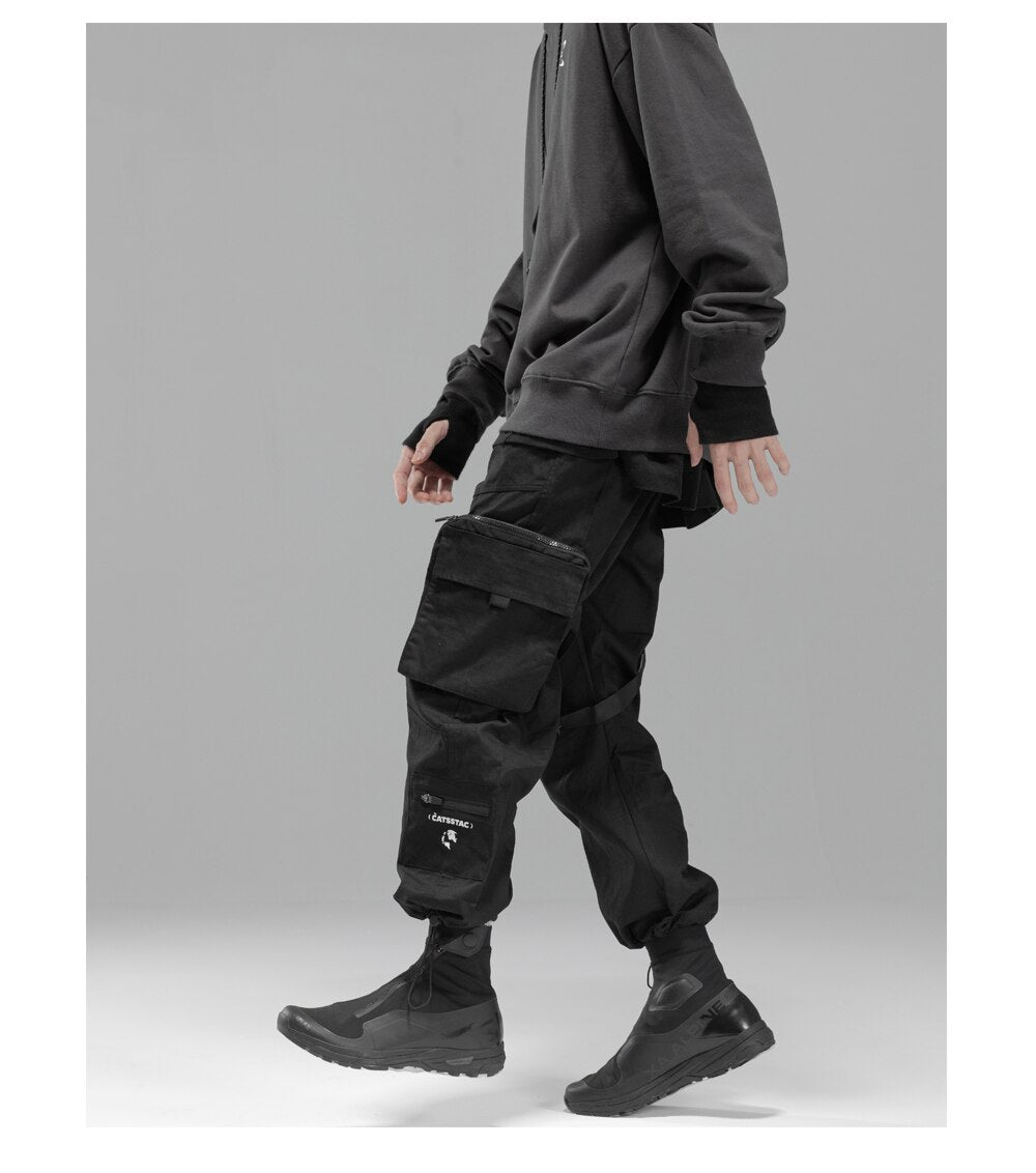 Bonsir Men's Drawstring Pants Side Pockets Loose Techwear Trousers Mechanical Pocket Ribbon Jogger Pants