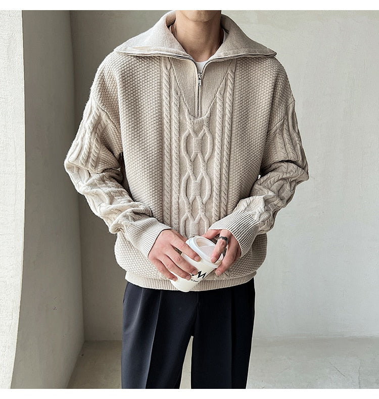 Bonsir High Quality Large Lapel Pullover Sweater Black White Coarse Zipper Knitted Sweater For Men Pull Homme Men Winter Sweater Brand