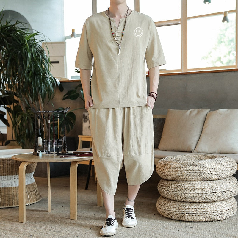 Bonsir Japanese Style Suits Kimono Short-Sleeved T-shirt Pants Two Piece Men Tops Trousers Male Japan Harajuku Yukata Cardigan Costume