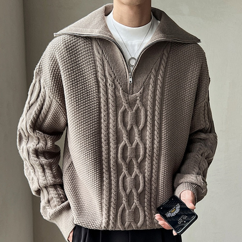 Bonsir High Quality Large Lapel Pullover Sweater Black White Coarse Zipper Knitted Sweater For Men Pull Homme Men Winter Sweater Brand