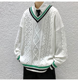 Bonsir Winter V-neck Sweater Men New Patchwork Color Knitted Sweater Pullover Harajuku Couple Streetwear Loose Knitwear Oversized 2XL