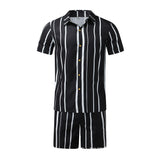 Bonsir Vacation Casual Shirt Set Men's Summer New Fashion Stripe Contrast Color Print Lapel Short Sleeve Top Shorts Two-piece Set