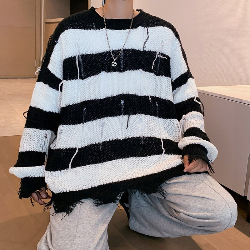 Bonsir Black and white striped sweater Japanese retro men's oversize high street hole knitted sweater couple autumn clothes