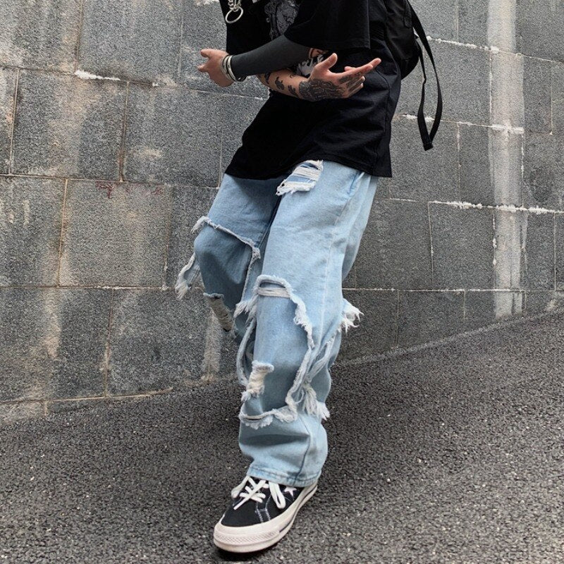 Bonsir High Street Dark Personality Destroys Raw Edge Fake Two Trendy Jeans Ripped Harajuku Punk Wide-leg Straight Denim Pants Black