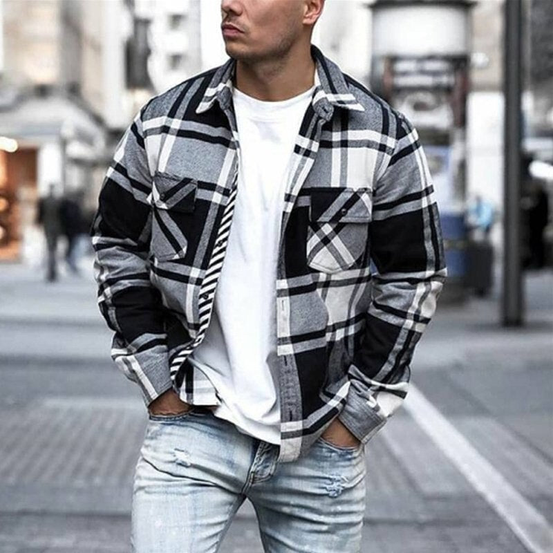 Bonsir Fall Mens Fashion Plaid Printed Shirt Jackets Long Sleeve Turndown Collar Buttoned Outerwear Men Casual Loose Coats Streetwear