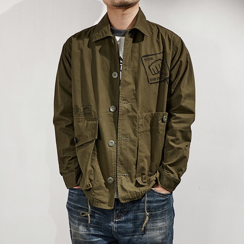 Bonsir New Mens Cargo Jacket Army Green Casual Outerwear American Loose Outdoor Military Youth Coat Male