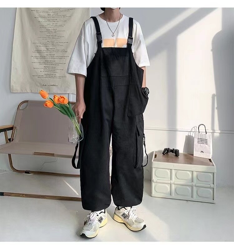 Bonsir  Men's Fashion Oversized Overalls College Style Salopettes Romper Jumpsuit Grey/black Color Casual Pants Loose Work Trousers