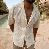 Bonsir Solid Color Slim-fit Lapel Short-sleeved Shirt Top Men's Summer Casual Vacation Style Single-breasted Hollow Lapel Hollow Top