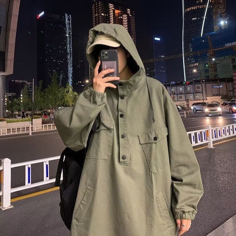 Bonsir Autumn Pullover Jackets Men Fashion Retro Pocket Hooded Jackets Mens Japanese Streetwear Hip Hop Loose Bomber Jacket Men M-3XL