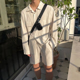 Bonsir Summer Men's Suit Solid Color Two-piece Sets Lapel Long Sleeve Shirt Elastic Waist Shorts 2023 Korean New Fashion
