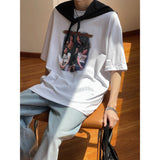 Bonsir Retro Rock Print Short Sleeve Trend Loose Casual Versatile T-Shirt Top Round Collar Short Sleeve Loose Men's Tee