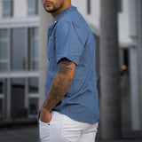 Bonsir Fashion Loose Solid Color Shirt Mens Casual Short Sleeve Turn-down Collar Buttoned Shirts Spring Summer Leisure Shirts Men