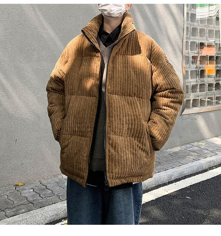 Bonsir Corduroy Winter Coat Men Puffer Jacket Autumn and Winter New Korean Style Long Ladies Over-the-knee Cotton Padded Keep Warm