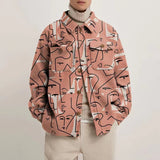 Bonsir Fashion Autumn Retro Graphic Print Men Coats Casual Long Sleeve Lapel Single Breasted Jacket For Men Trend Loose Pocket Jackets