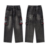 Bonsir Distressed Embroidery Pockets Elastic Waist Retro Jeans Pants Men and Women Straight Washed Casual Baggy Denim Trousers