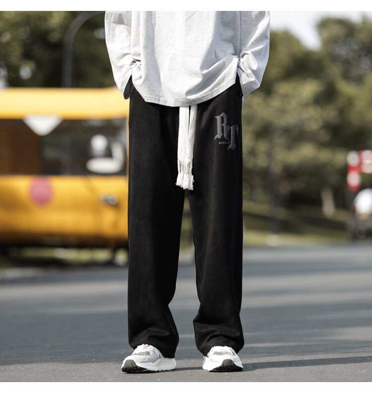 Bonsir Casual Autumn New Mens Printed Suede Pants Easy-care Korean Elastic Waist Pockets Mopping Trousers Men Women Pantalon Male