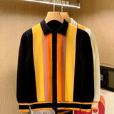 Bonsir Spring Autumn Knitting Polo Shirt Men Casual Turn-down Collar Button Fashion Color Stripe Slim Tops Ice Silk Knitting T-shirts
