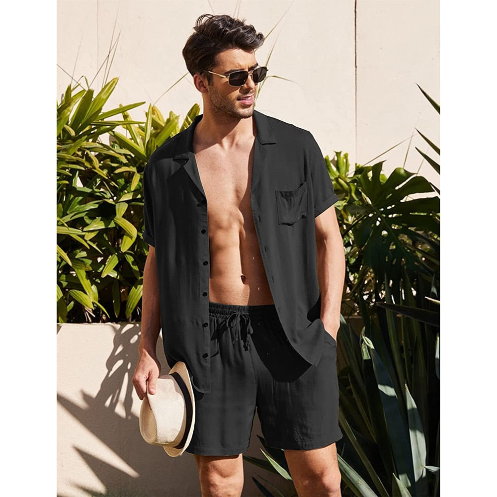 Bonsir Summer Cotton and Linen Men Suit Short Sleeve Shorts Solid High Quality 2 Piece Beach Outdoor Travel Casual Breathable  Blazer