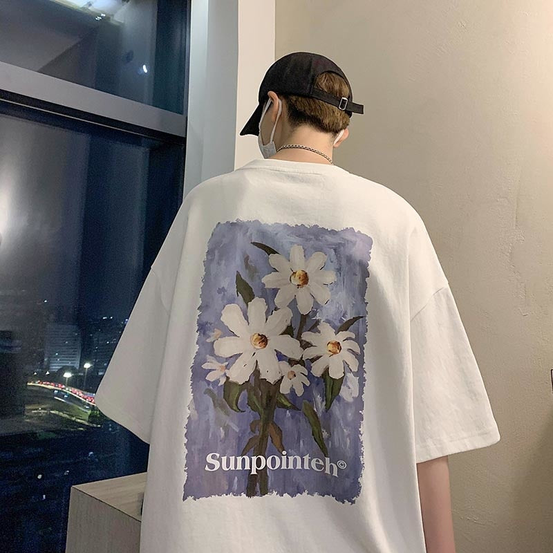 Bonsir Floral print short sleeve t-shirt men's summer heavyweight loose fashion ins top American casual t-shirt Sale Flower tshirt