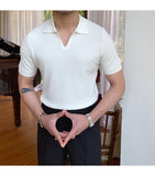 Bonsir Summer New V-neck Men's Solid Color Short-sleeved T-shirt British Slim Lapel Knitted Striped Casual  Polo Shirt